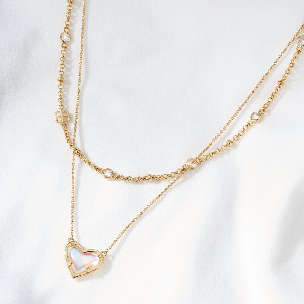 Alicia Bonnie IN LOVE Dichroic Glass Heart Pendant Gold Multi Strand Necklace